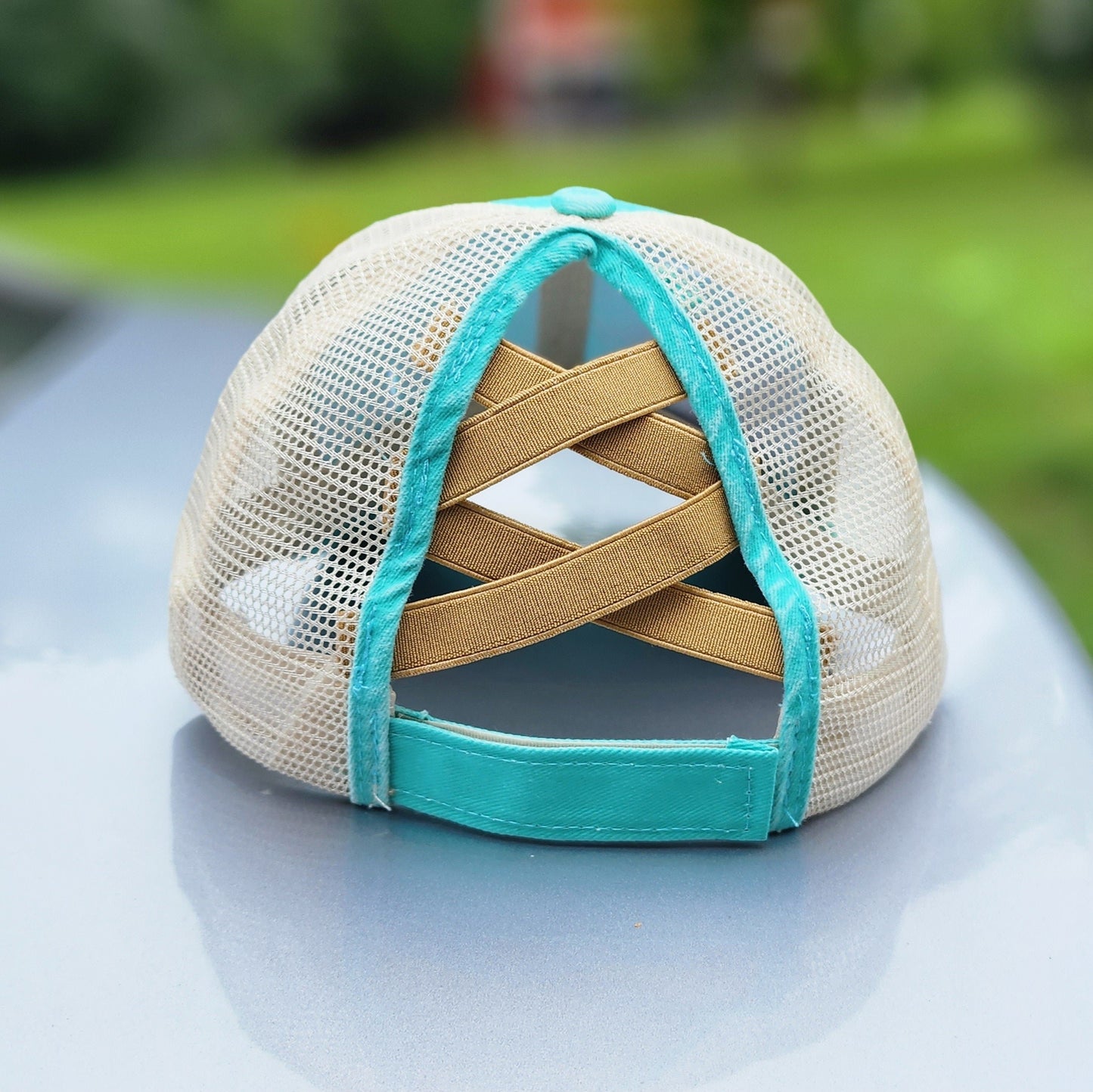 MAMA PATCH HAT WITH PONYTAIL CRISS CROSS STRETCH IN BACK