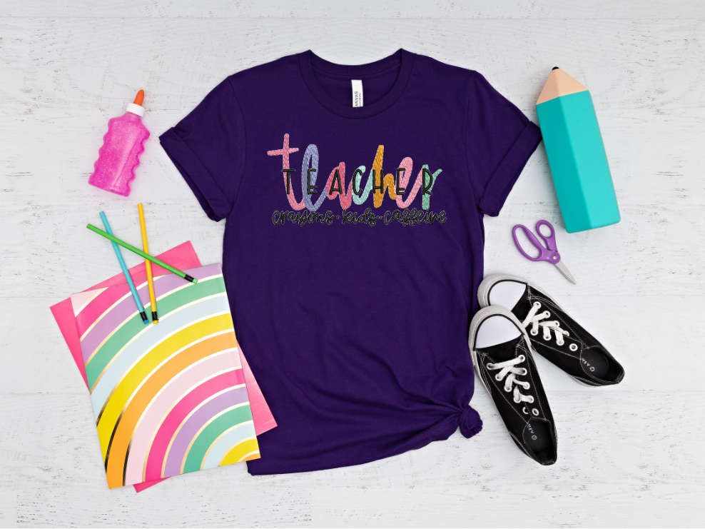 Teacher- Crayons Kids Caffeine Embroidery Tee